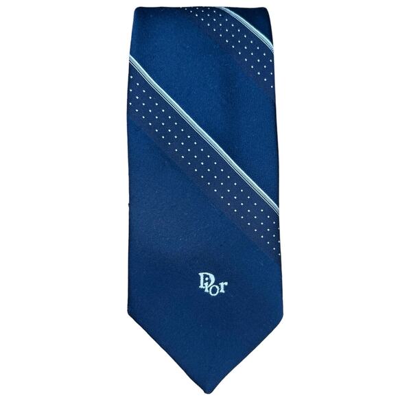 Vintage Christian Dior Mens Navy White Sanger Harris Diagonal Stripe Tie 56” - Picture 1 of 6
